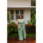 Load image into Gallery viewer, Silver-Haze-Mint-Green-Banarasi-Jamdani-Cotton-Saree-with-Silver-and-Gold-Zari-Motifs