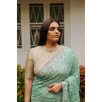 Load image into Gallery viewer, Silver-Haze-Mint-Green-Banarasi-Jamdani-Cotton-Saree-with-Silver-and-Gold-Zari-Motifs