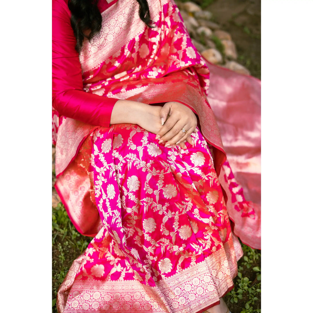 Bloomora-Bright-Pink-Banarasi-Katan-Silk-Saree-with-Cutwork-Floral-Zari-Motifs