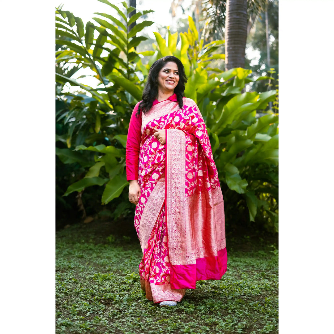 Bloomora-Bright-Pink-Banarasi-Katan-Silk-Saree-with-Cutwork-Floral-Zari-Motifs