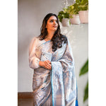 Load image into Gallery viewer, Celeste-Sky-Blue-&amp;-Gold-Banarasi-Katan-Silk-Saree-with-Horse-and-Floral-Motifs