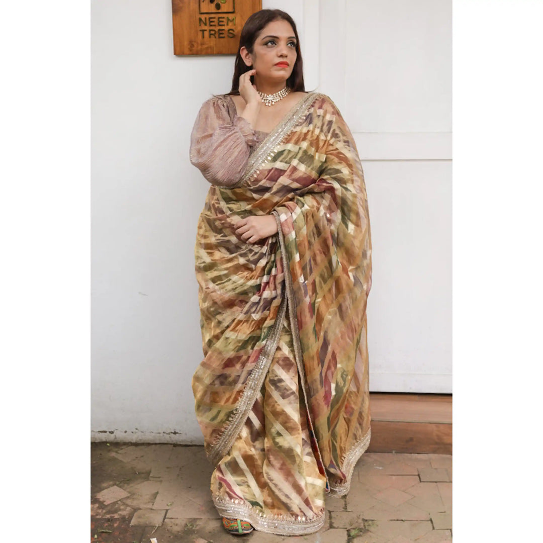 Hearthlight-Tissue-Saree-with-Earthy-Lehariya-Pattern and-Hand-Embroidered-Border