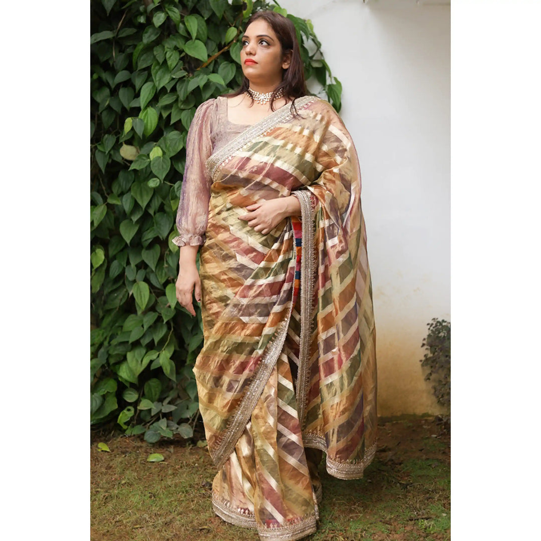 Hearthlight-Tissue-Saree-with-Earthy-Lehariya-Pattern and-Hand-Embroidered-Border