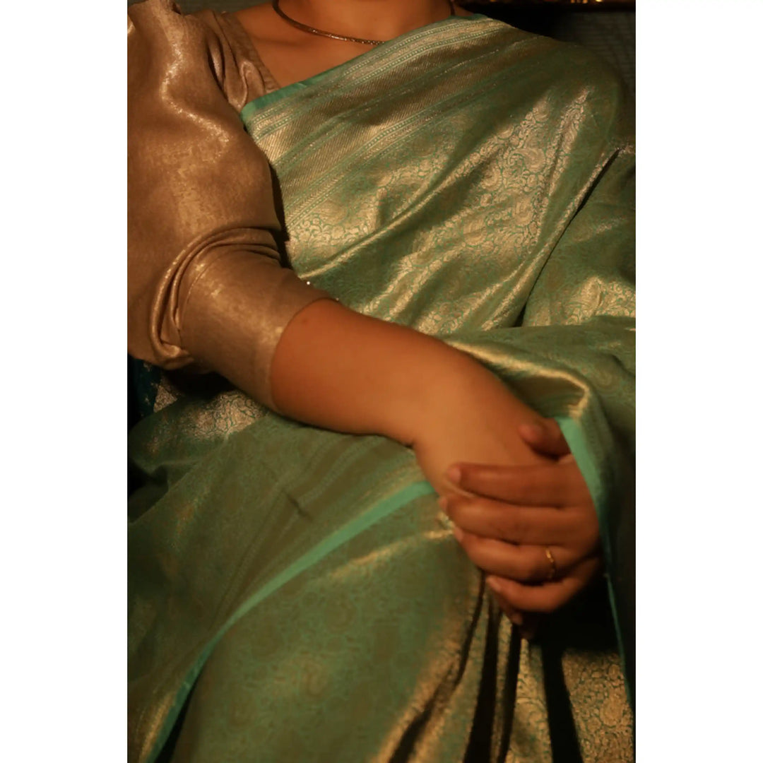 Mistelle-Sea-Foam-Green-Banarasi-Katan-Silk-Saree-with-All-Over-Zari-Brocade