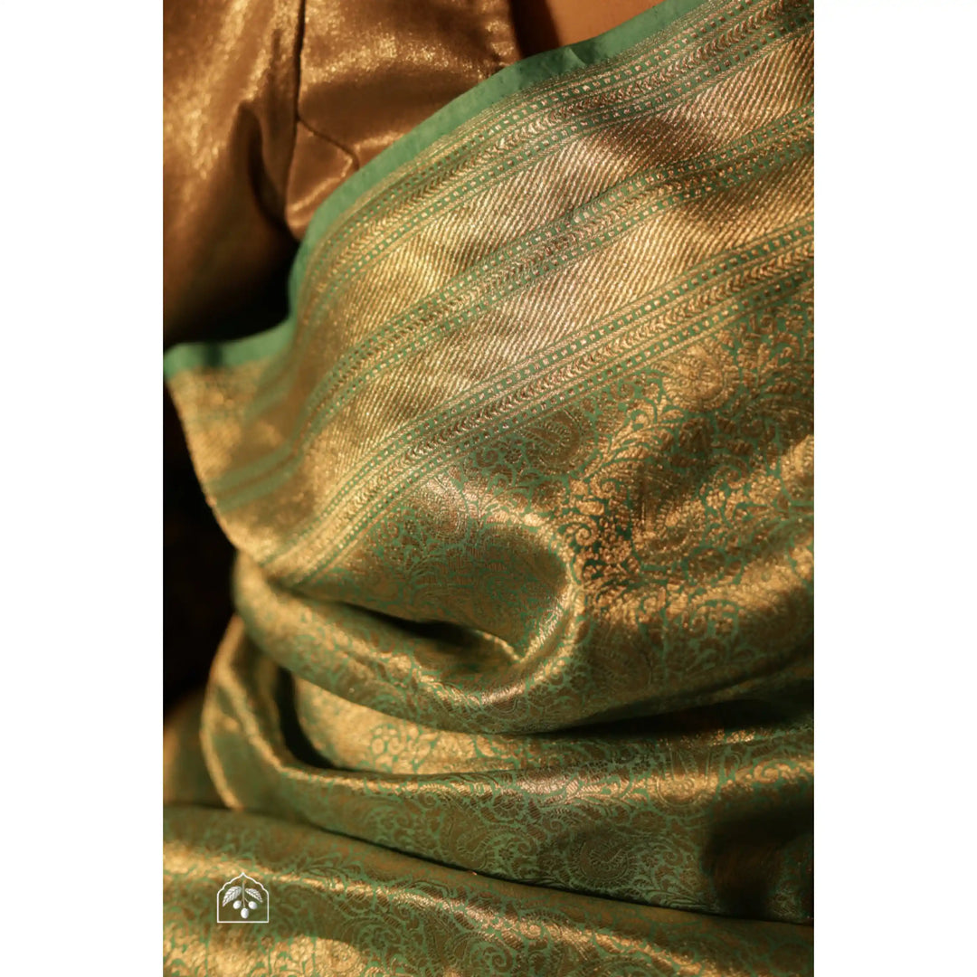 Mistelle-Sea-Foam-Green-Banarasi-Katan-Silk-Saree-with-All-Over-Zari-Brocade