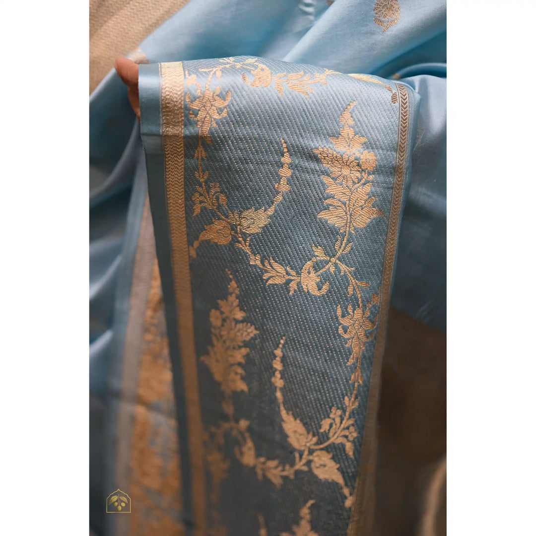 Neelaya-Banarasi-Summer-Silk-Saree-in-Sky-Blue-with-Antique-Gold-Zari-Bootis