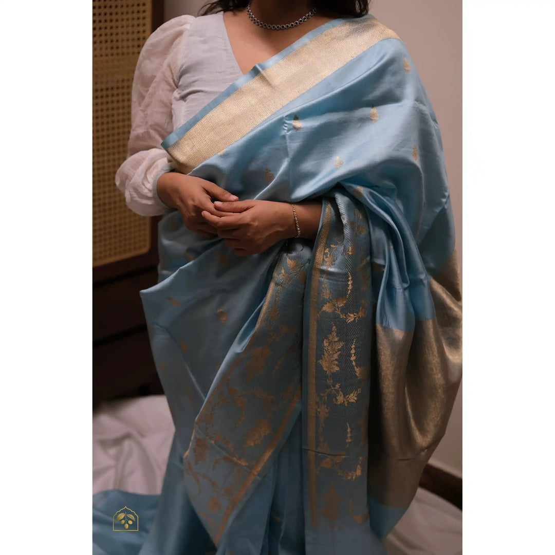 Neelaya-Banarasi-Summer-Silk-Saree-in-Sky-Blue-with-Antique-Gold-Zari-Bootis