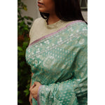 Load image into Gallery viewer, Silver-Haze-Mint-Green-Banarasi-Jamdani-Cotton-Saree-with-Silver-and-Gold-Zari-Motifs