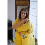 Load image into Gallery viewer, White-Hibiscus-Hand-Embroidered-Lemon-Yellow-French-Organza-Saree