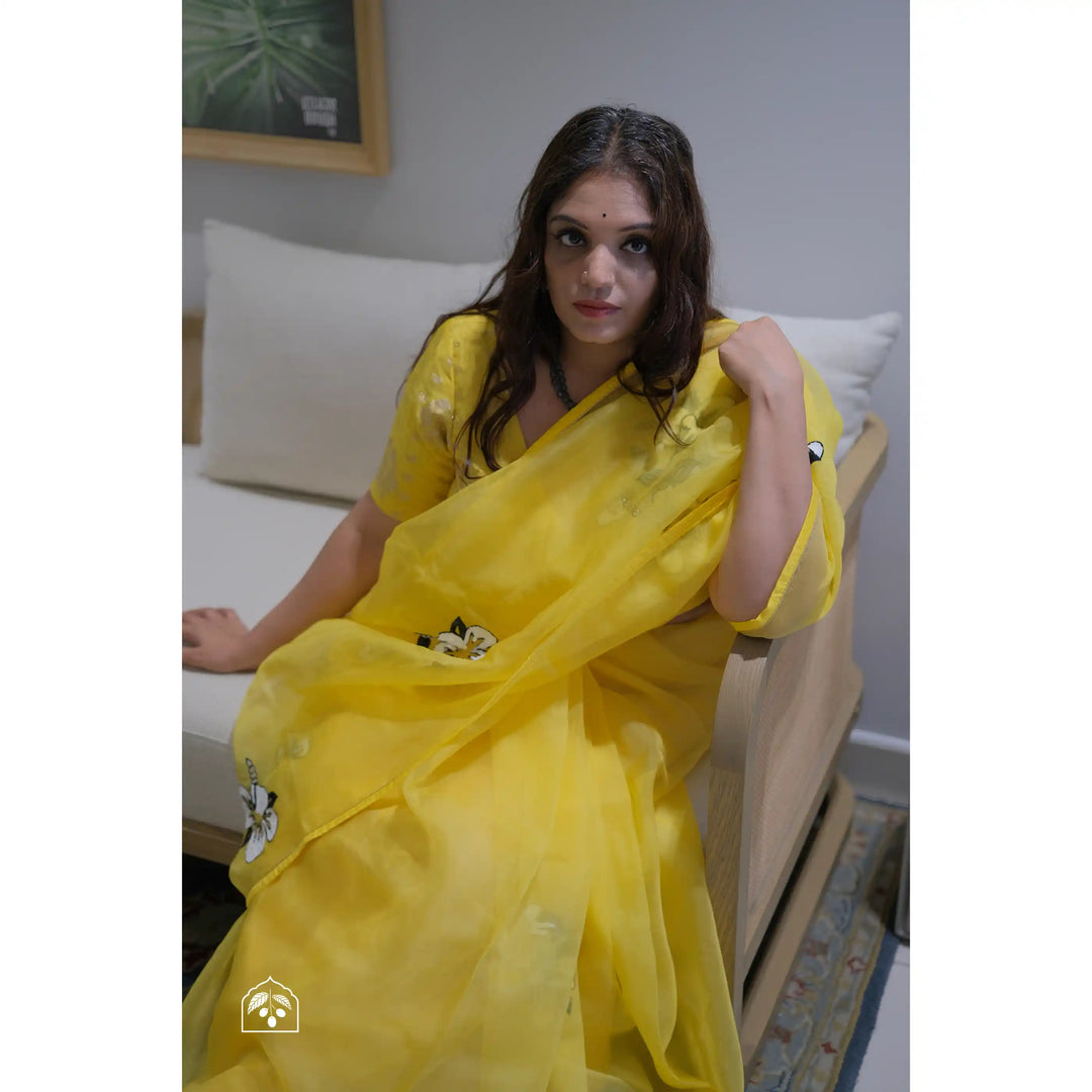 White-Hibiscus-Hand-Embroidered-Lemon-Yellow-French-Organza-Saree