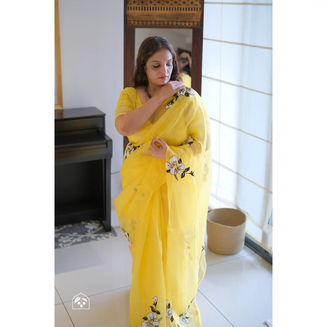 White-Hibiscus-Hand-Embroidered-Lemon-Yellow-French-Organza-Saree