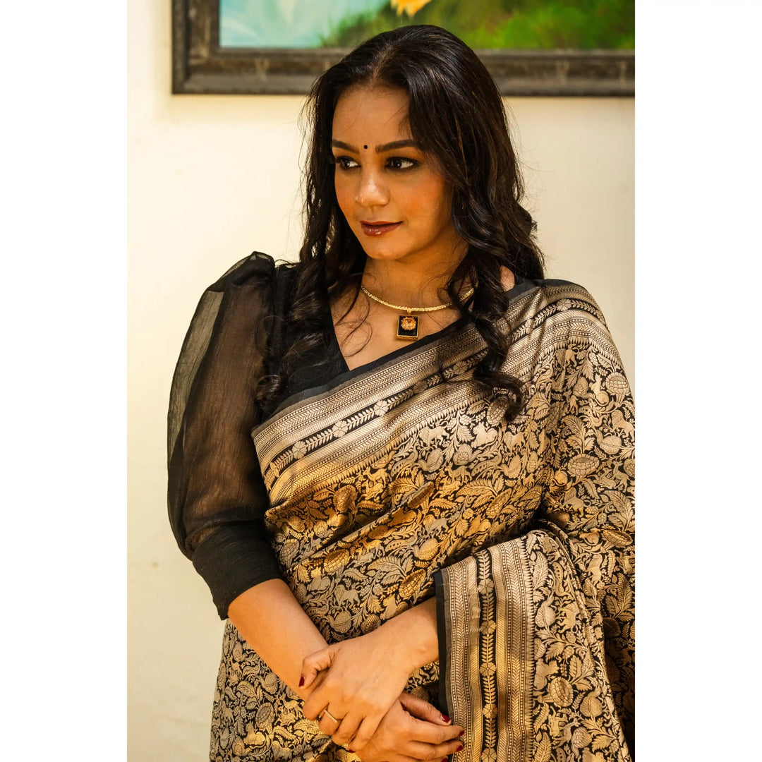 Wild-Noir-Black-Banarasi-Katan-Silk-Saree-with-Shikargah-Gold-Zari-Motifs